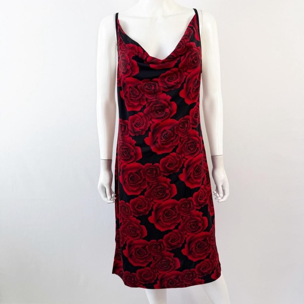 Gemini Black Red Rose Floral Dress Size XL Cowl Neck 90s Grunge Whimsigoth Y2K